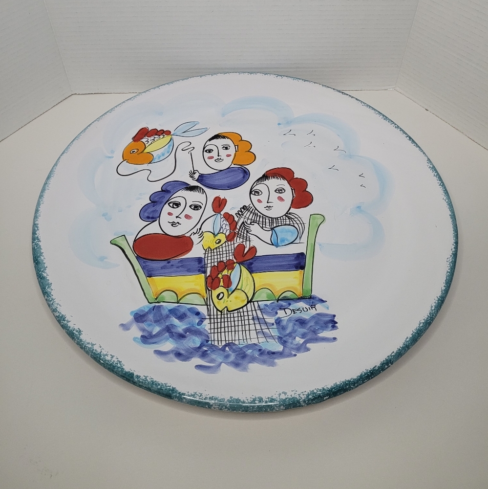 Hand Painted XL Ceramic Platter with Artistic Fishing Motif Italian Design